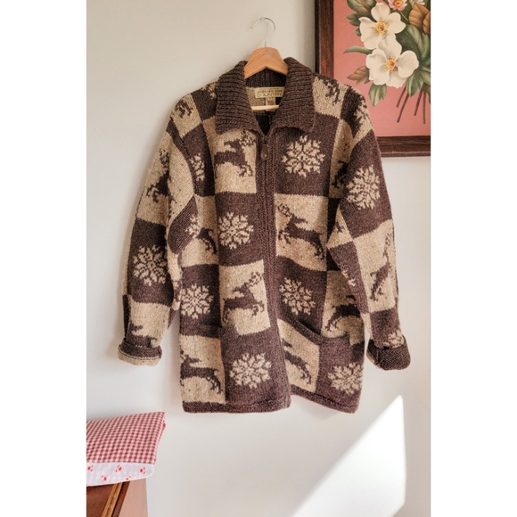 Vintage Wool Cowichan Style Sweater Wool Zip Front w/ Neutral Winter Patchwork - Picture 15 of 15